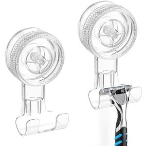 LUXEAR Suction Hooks, 2 Pack Razor Hooks Removable & Reusable Suction Shower Hook Damage-Free Powerful Suction Hanger for Towel Bathrobe Loofah Bathroom Kitchen Storage Hooks Weather Hanger Hook