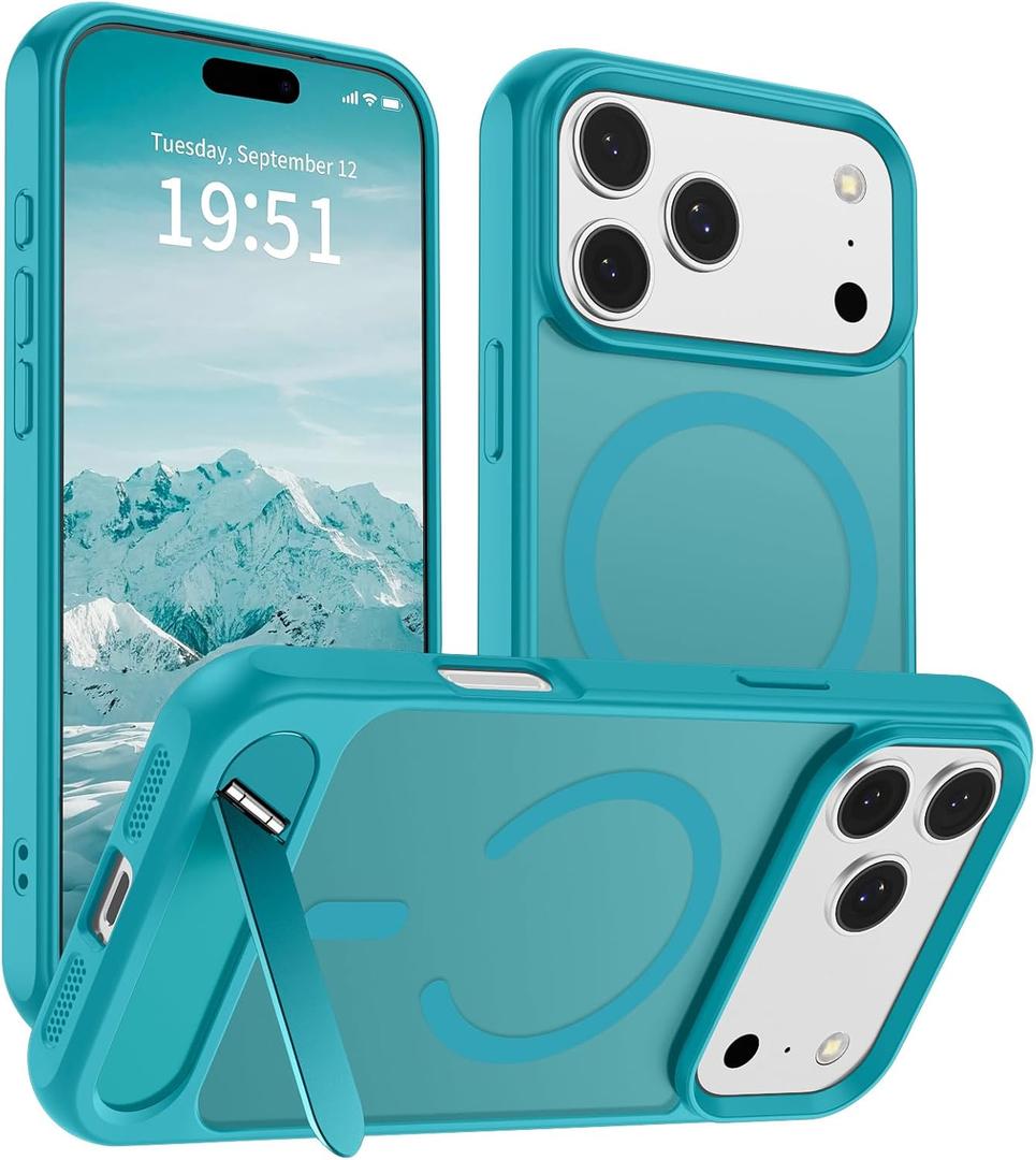 SUPFINE Magnetic for iPhone 17 Pro Case (Built-in Invisible Kickstand)(Compatible with MagSafe)(Military Grade Drop Protection) Translucent Matte Shockproof Phone Cover,Lake Blue