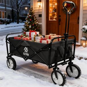 Elevon All-Terrain Foldable Utility Wagon Cart with 150LB Capacity for Beach, Grocery, Christmas Shopping & Snow Transport (Black)