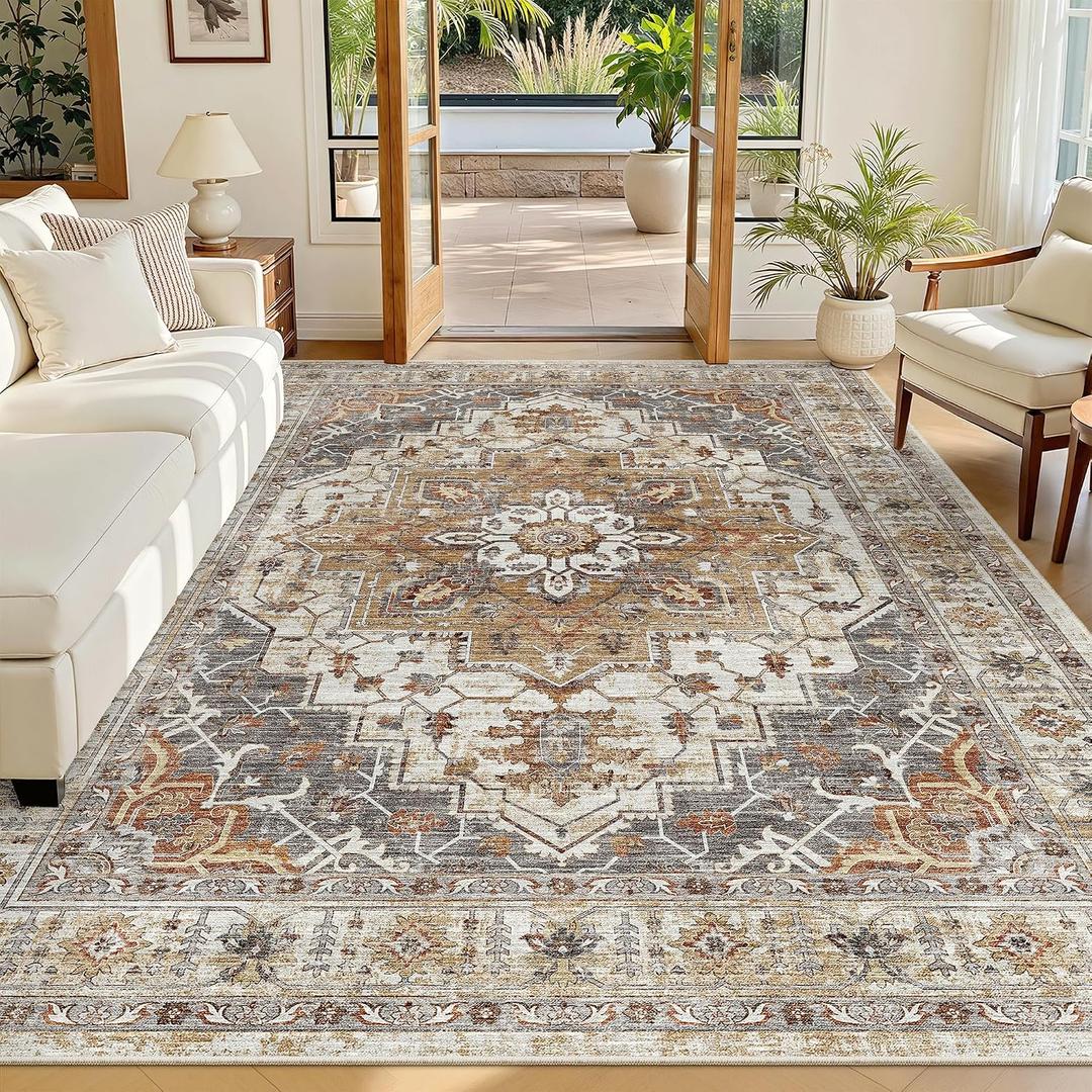 Madane 6x9 Area Rugs for Living Room, Stain Resistant Washable Rugs, Non-Slip Backing Area Rug, Vintage Home Decor Rug for Bedroom (Turmeric/Grey, 6'x9')