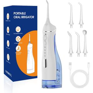 Portable IPX7 Rechargeable Water Flosser for Teeth Pick, 4 Modes 5 Jet Tips Oral Irrigator, 300ml Tank - for Braces, Sensitive Gums, Home & Travel