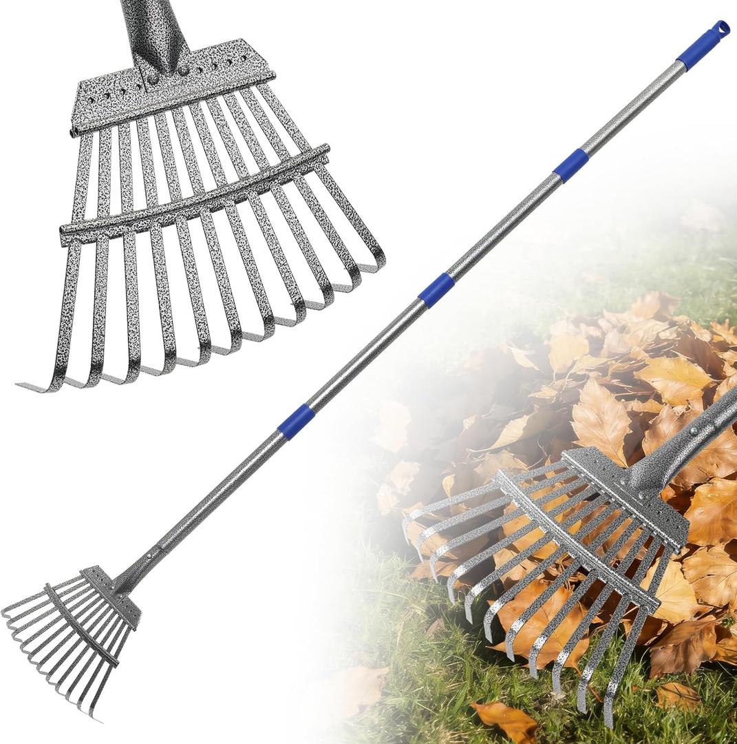 Garden Rake for Leaves, Heavy-Duty Small Metal Rake for Lawn, Yard, Garden Beds, Debris & Shrubs, 6 ft Adjustable Handle for Kids and Adults