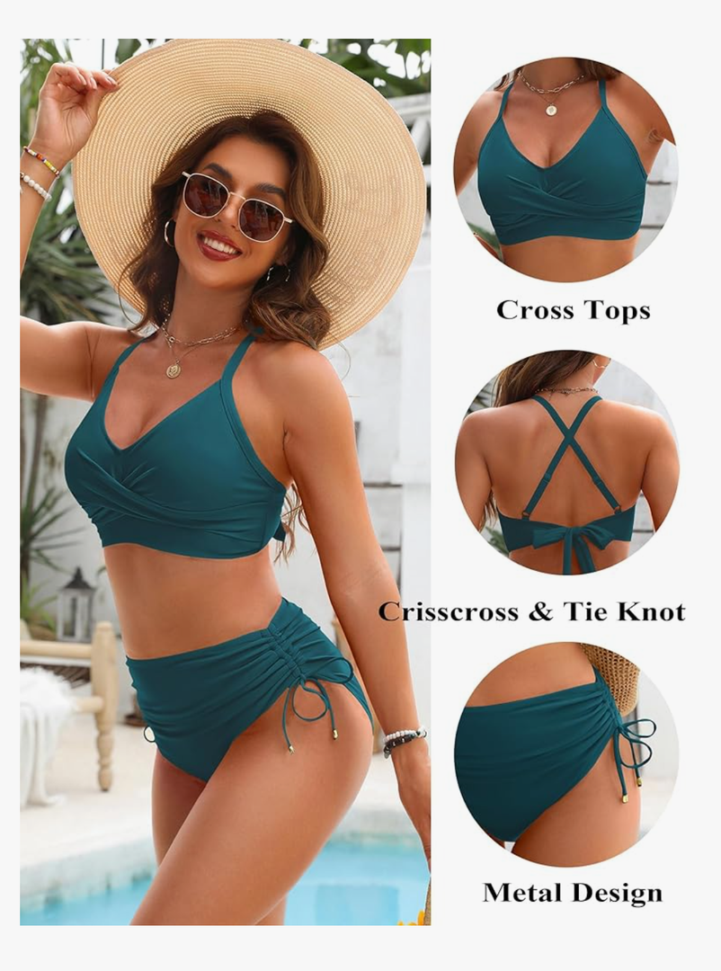 Blooming Jelly Womens High Waisted Bikini Sets Drawstring Tummy Control Swimsuits Crisscross Tie Back Bathing Suit, Size L