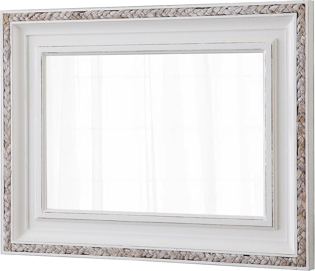 Boho Rattan Mirrors for Wall Decor Living Room 24 X 32 Inch, Distressed White Wood Frame Rectangle Farmhouse Rustic Mirror for Bathroom Hallway Entryway, Horizontal or Vertical Hanging