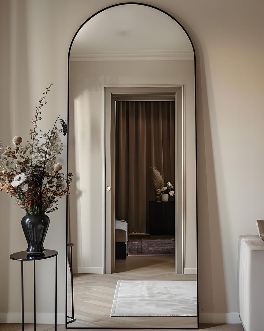 Full Length Mirror, 58"x18" Arched Floor Mirror Freestanding, Floor Standing Full Body Mirror with Stand for Bedroom, Hanging Mounted for Living Room Cloakroom, Black (58"L x 18"W)