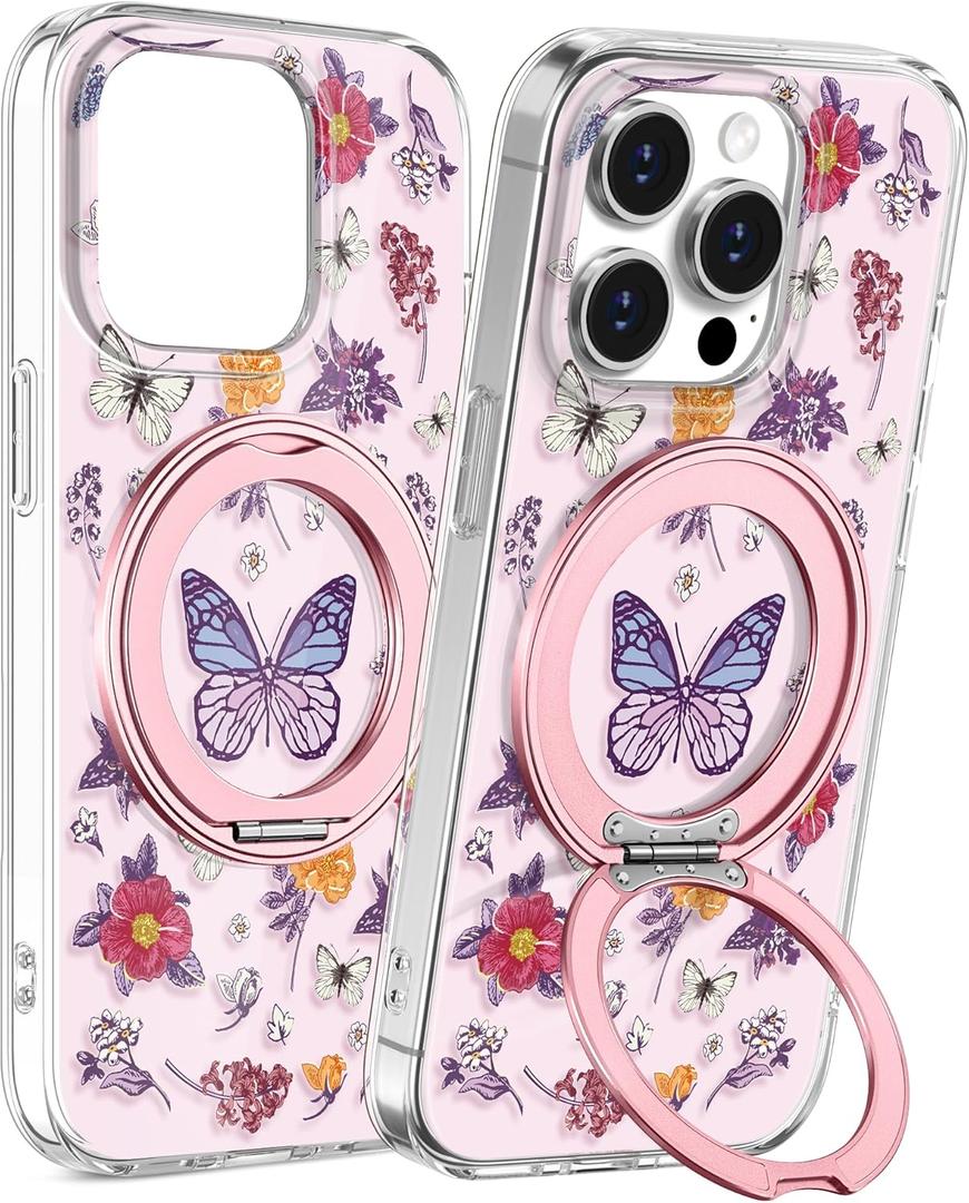 Loheckle for iPhone 13 Pro Case with Stand- Compatible with MagSafe Women Girls Cute Girly Aesthetic Unique Design Soft TPU Magnetic Ring Phone Cover for Apple 13 Pro, Butterfly
