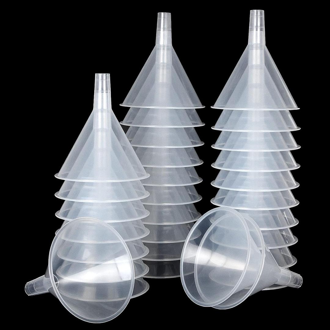 30Pcs Plastic Funnels Set, 4.7 Inch Wide Mouth Large Clear Funnels for Filling Water Bottles, Multipurpose Tool with Long Spout for Transferring Liquid, Spices, Powder, Lotion, Oils