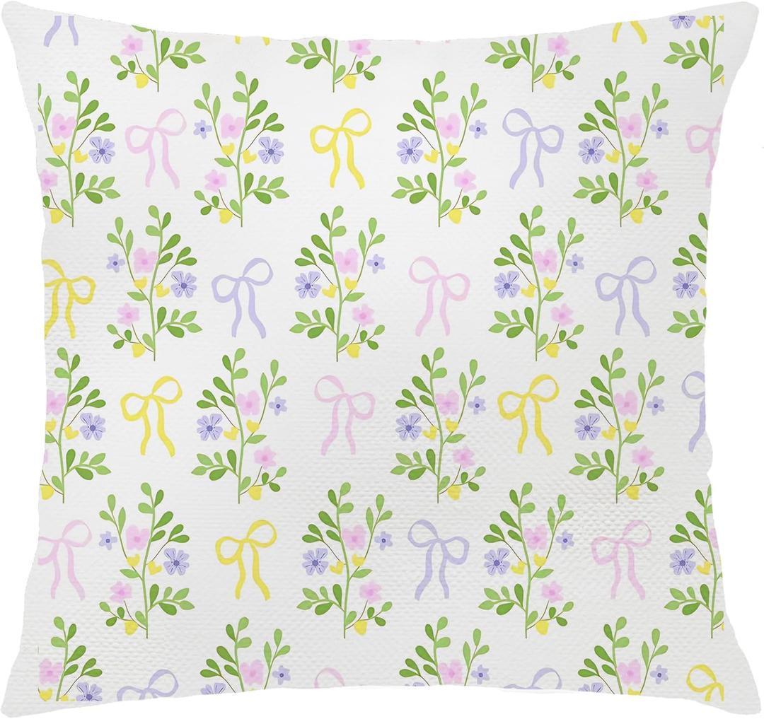 Coquette Bow Rustic Floral Pillow Covers 18x18, Aesthetic Cottagecore Flower Colorful Preppy Bow Decorative Throw Pillow Covers for Home Girls Room Bedroom Dorm