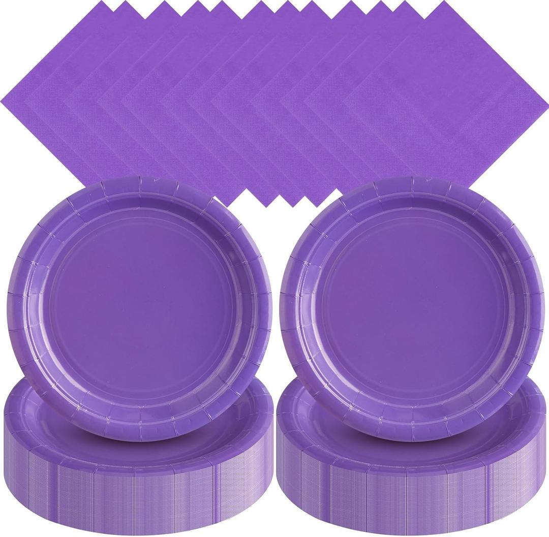 Zhehao 120 Pcs Disposable Paper Plates and Napkins Bulk Birthday Party Decorations 7 inch Dessert Plates for Valentines Spring Baby Shower Party Supplies (Purple)