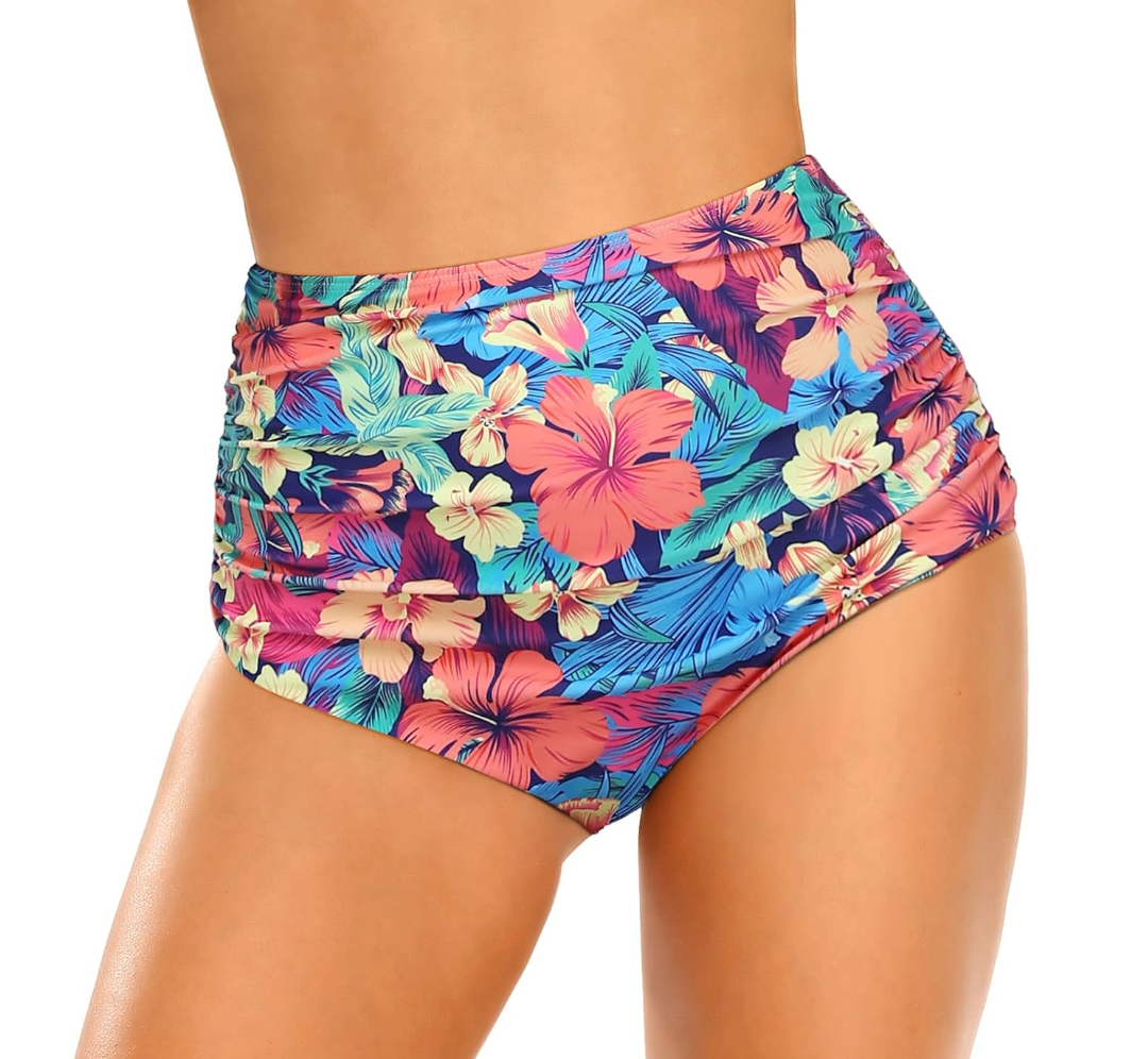 Edelqual Women's High Waisted Bikini Bottom Tummy Control Full Coverage Ruched Bathing Suit Swimsuit Tankini Swim Shorts, Large, Blue Red Flowers