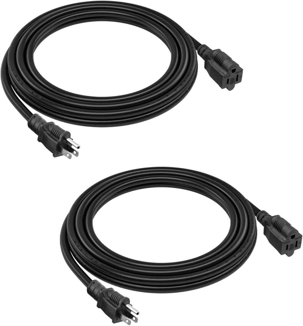 2-Pack 8ft Extension Cord Outdoor 16 AWG Heavy Duty Power Cord 3 Prong SJTW, NEMA 5-15P to NEMA 5-15R, Power Cable for Indoor and Outdoor Use, ETL Listed (Black)