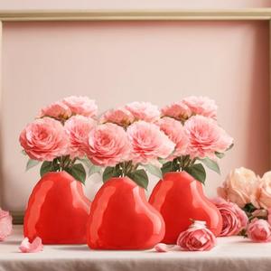 Sieral 3 Pcs Valentine's Day Heart Vase Ceramic Heart Shaped Flower Vases Red Pot for Valentine's Day Table Centerpieces Anniversary Wedding Party Farmhouses Home Office Table Decoration