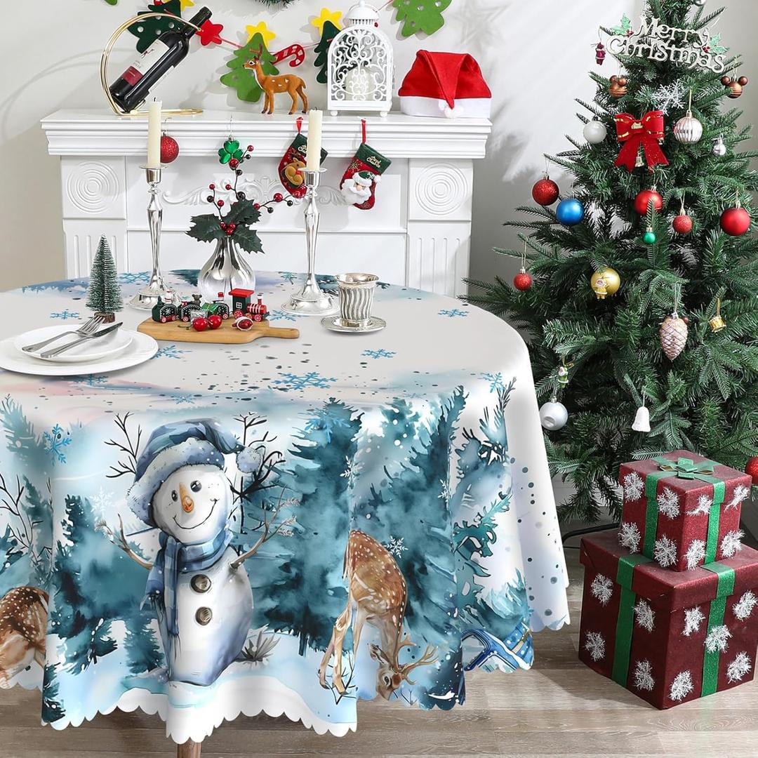 Round Christmas Tablecloth 70 inches - Snowman Christmas Decorations for Home - Water Resistant Winter Table Cloth - Xmas Truck Holiday Decor for Party (Blue)