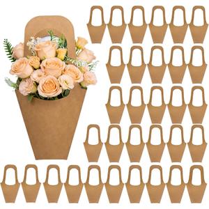 Flower Bags 50 Packs, Flower Bags for Bouquets, Kraft Paper Flower Gift Bags With Handle, Suitable for Flower Shops, Flower Bar, Weddings, Valentine's Day, Birthday Parties, Thanksgiving, Home Decoration (13.8 Inches)
