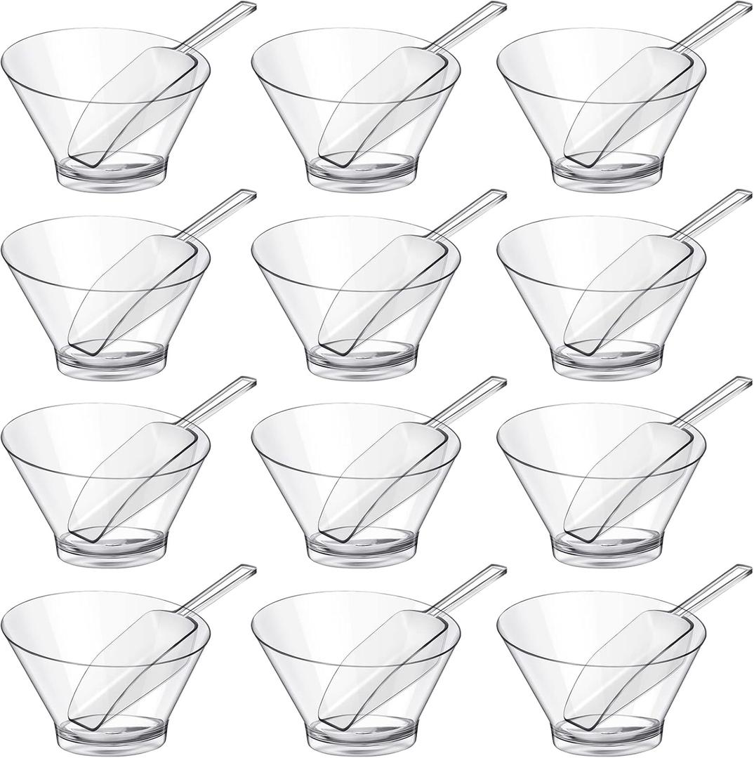 Sawysine 24 Pcs Plastic Clear Serving Bowls with Kitchen Plastic Scoops Salad Serving Bowls Popcorn Scoops Angled Candy Container for Salad Cooking Parties, 210 ml