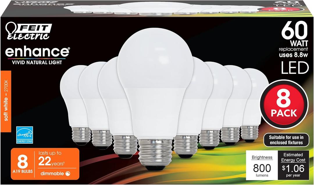 Feit Electric A19 LED Light Bulbs, 60W Equivalent, Dimmable, E26 Standard Base, 90 CRI, 800 Lumens, 2700K Soft White, 120V, 22 Years Lifetime, Damp Rated, 8 Pack, OM60DM/927CA/8 (8 Count (Pack of 1))