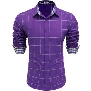 COOFANDY Mens Plaid Dress Shirt Long Sleeve Business Casual Regular Fit Button Down Shirts (Purple, XXL)