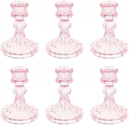 ECHFSM Glass Candlestick Holder,Striped Taper Candle Holders,Set of 6 Candle Stand for Table Centerpieces, Home Decor,Weddings,Festival and Parties (Pink Stripe Pattern)