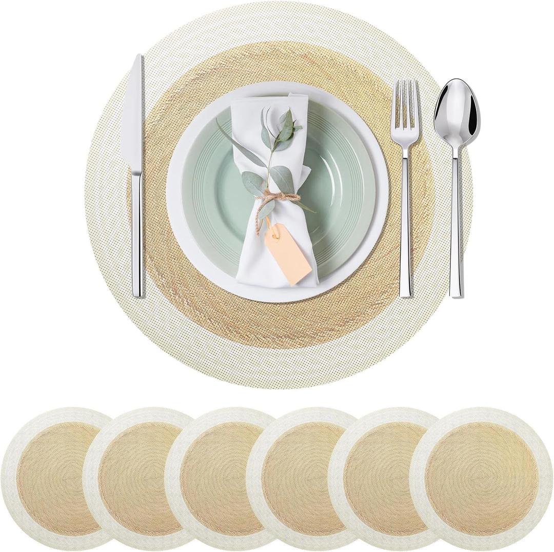 15 Inch PVC Vinyl Placemats,Set of 6 Round Place Mats,Waterproof Circle Place Mats,Non Slip Durable Wipeable Table Mats for Kitchen,Dining,Party,Camping(6, Geometric Embossing)