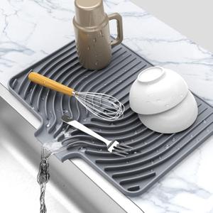 Dish Drying Matt for Kitchen Counter, 18"×12"Silicone Dry Rack Mat with Built in Drain, Kitchen Dry Mats for Dishes Drying Pad for Counter(gray)