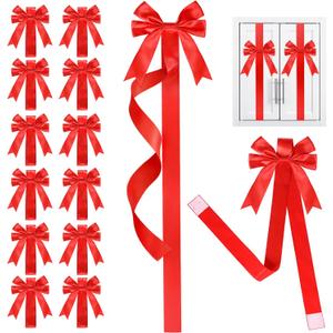 12Pcs Christmas Cabinet Ribbons Bows Decorations Large Silk Knob Covers Easy to Install Kitchen Cabinet Door Ribbon and Bows for Fireplace Festive Decor Xmas Tree Wreath Party Supplies(Red)