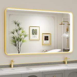 LED Bathroom Mirror with Lights, 48x28 Inch Gold Metal Framed LED Mirror for Bathroom, 3 Colors and Stepless Dimmable Wall Mounted Lighted Bathroom Vanity Mirror, Anti-Fog, Memory