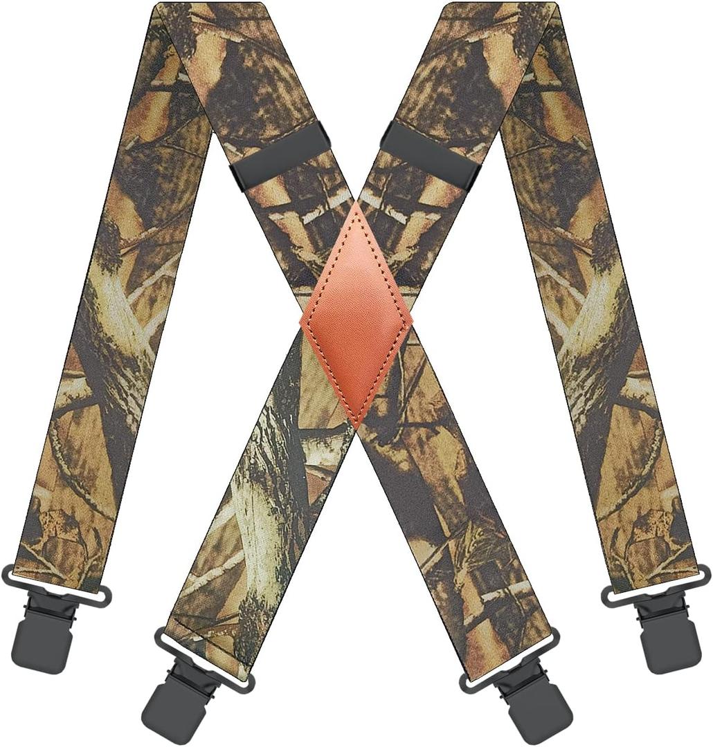 MENDENG Camo Suspenders for Men 2" Heavy Duty Clips - Adjustable X-Back Braces for Hunting and Daily Work (B/Army Green/Black Clips)