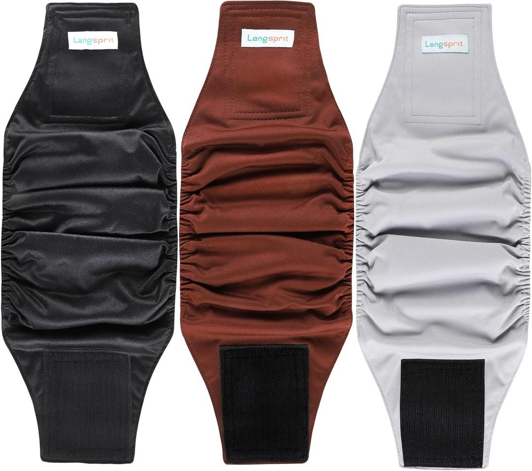 Langsprit Male Belly Bands for Dogs (Pack of 3) - High Absorbing Dog Wraps Male Washable - Reusable Male Dog Diapers (Black,Gray,Coffee, Small)
