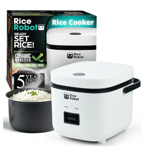 Rice Robot Personal Rice Cooker, PFAS-free, Nonstick. 1 Quart Capacity, with Stainless Steel Steamer Tray, Measuring Cups, Recipe Book with 60 Recipes, and Serving Spoon, As Seen On TV