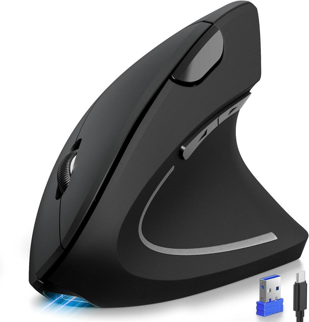TECKNET Ergonomic Mouse, Rechargeable 2.4G+Bluetooth Vertical Mice 6 DPI Adjustable, Wireless Optical Carpal Tunnel Mouse for Right Hand, Silent 6 Buttons for Laptop, PC, MacBook, iPad - Black
