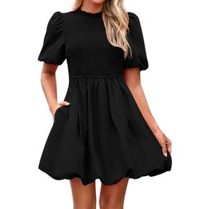 KIRUNDO Womens Summer Smocked Mini Dress 2025 Spring Puff Short Sleeve Boho Ruffle Crewneck Bubble A Line Short Dresses(Black, X-Large)