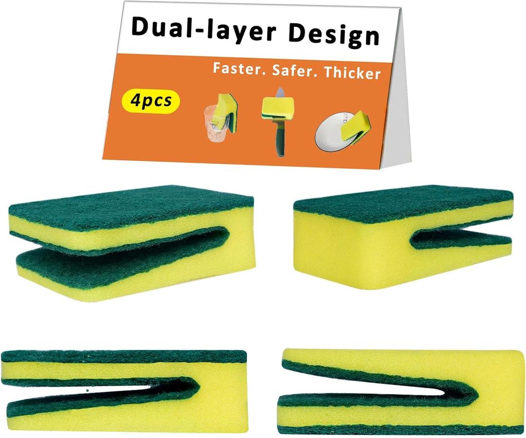 Sponges for Dishes, Dual Scrubbing Design, Thickened and Tidened, 4-Pack Sponges Kitchen, Cleaning Sponge, Cleans Fast Without Scratching, Stands Up to Stuck-on Grime