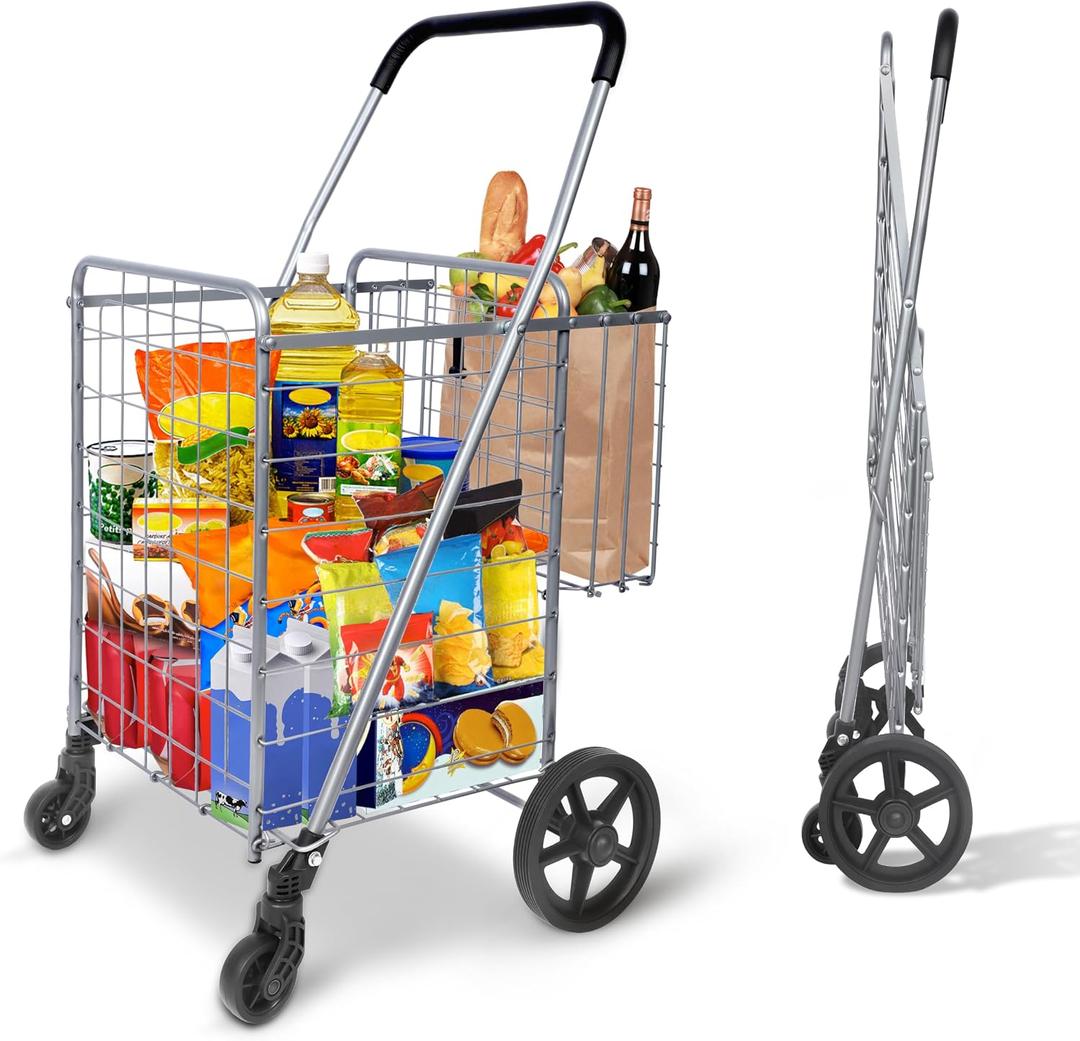 Whitmor Utility Folding Shopping Cart, 115L Heavy Duty Grocery Cart with Double Basket, 360 Swivel Wheels, Foldable Rolling Utility Trolley, 110 Lbs Capacity for Grocery, Laundry, Travel, Sliver