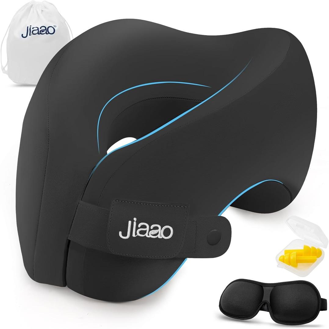 jiaao Travel Pillow Memory Foam Neck Pillow for Airplanes with Adjustable Neck Support, Includes Eye Mask, Earplugs & Storage Bag - Perfect for Flights, Road Trips, and Trains (Black)