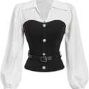 SweatyRocks Women's Long Sleeve Button Down Shirts Collar Belted Dressy Casual Business Work Blouse (Medium, Black and White)