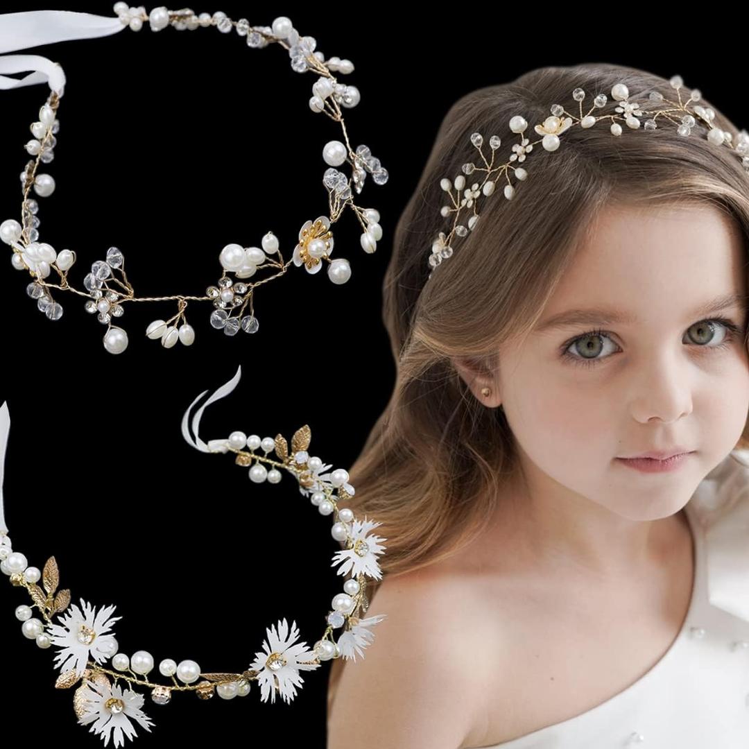 2 Pieces Bridal Hair Vines Flower Wedding Headband Princess Hair Accessories Crystal Pearls Headpiece Elegant Head bands for Bridesmaid and Flower Girls (Gold) (classic)