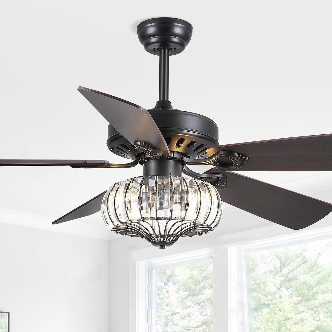 Surtime 52" Farmhouse Chandelier Ceiling Fans with Lights and Remote,K9 Crystal Fandelier Ceiling Fan for Outdoor/Indoor Dining Room,Living Room