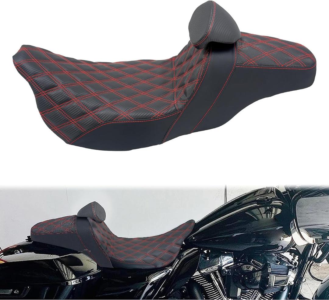 One-Piece Two-Up Seat With Driver Backrest Fit for Harley Touring 2009-2023, Red Stitching w/Driver Backrest