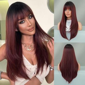 PARK YUN Long Straight Wine Red Wig with Bangs 26 Inch Burgundy Layered Wig Dark Rooted Natural Looking Maroon Dark Red Hair Heat Resistant Synthetic Wigs for Women Daily Party Use