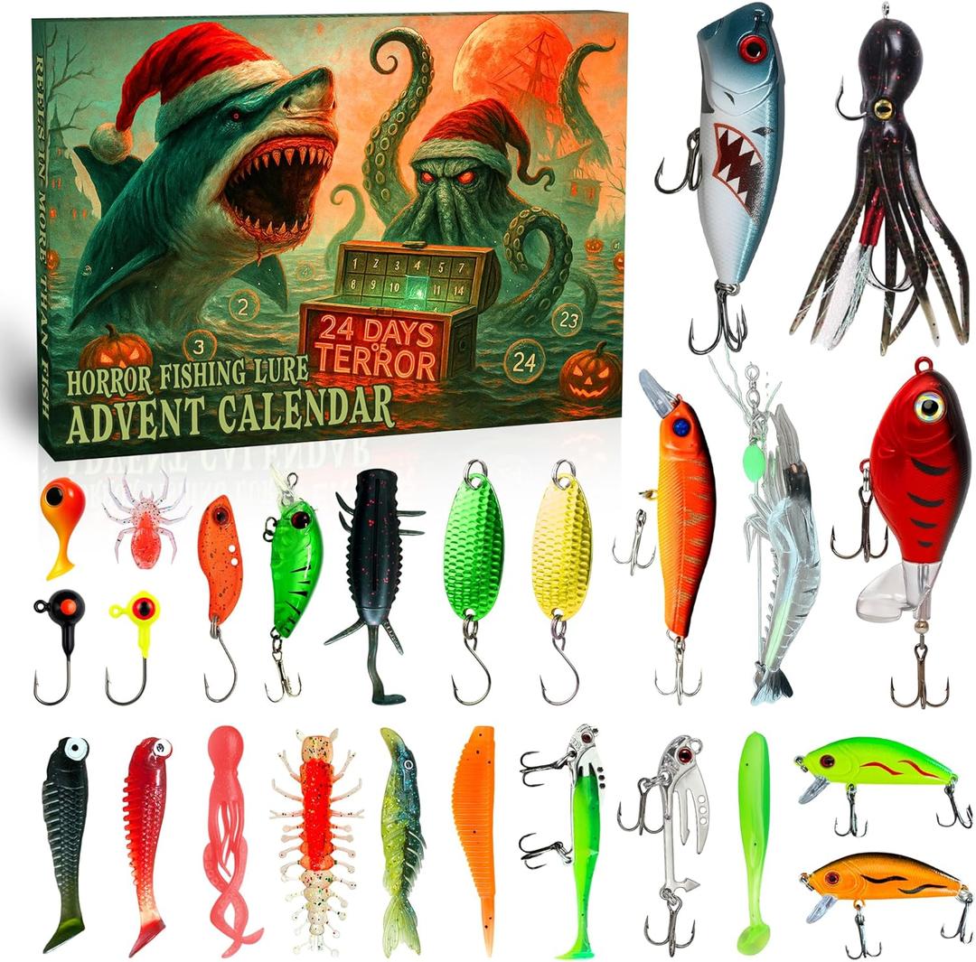 Fishing Advent Calendar 2025 for Adults, 24 Day Christmas Countdown with Spooky Fishing Lure Baits, Xmas Surprise Gifts for Men Fishermen Father Boyfriend Outdoor Lover