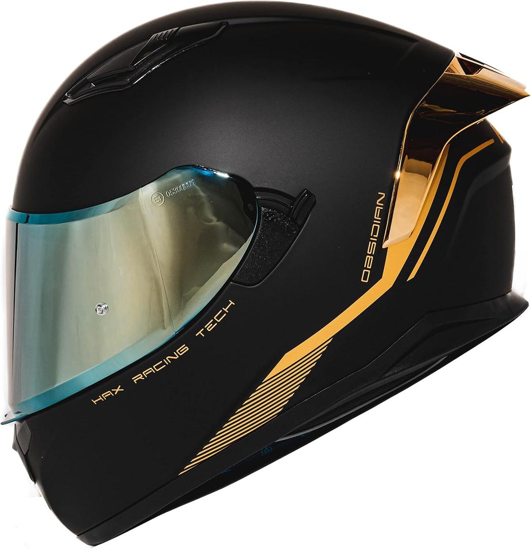 HAX Obsidian Full Face Dual Visor Adult Motorcycle Helmet for Motorbike Street Bike with Pinlock Ready DOT Approved Matte Black Gold L (Black, L)