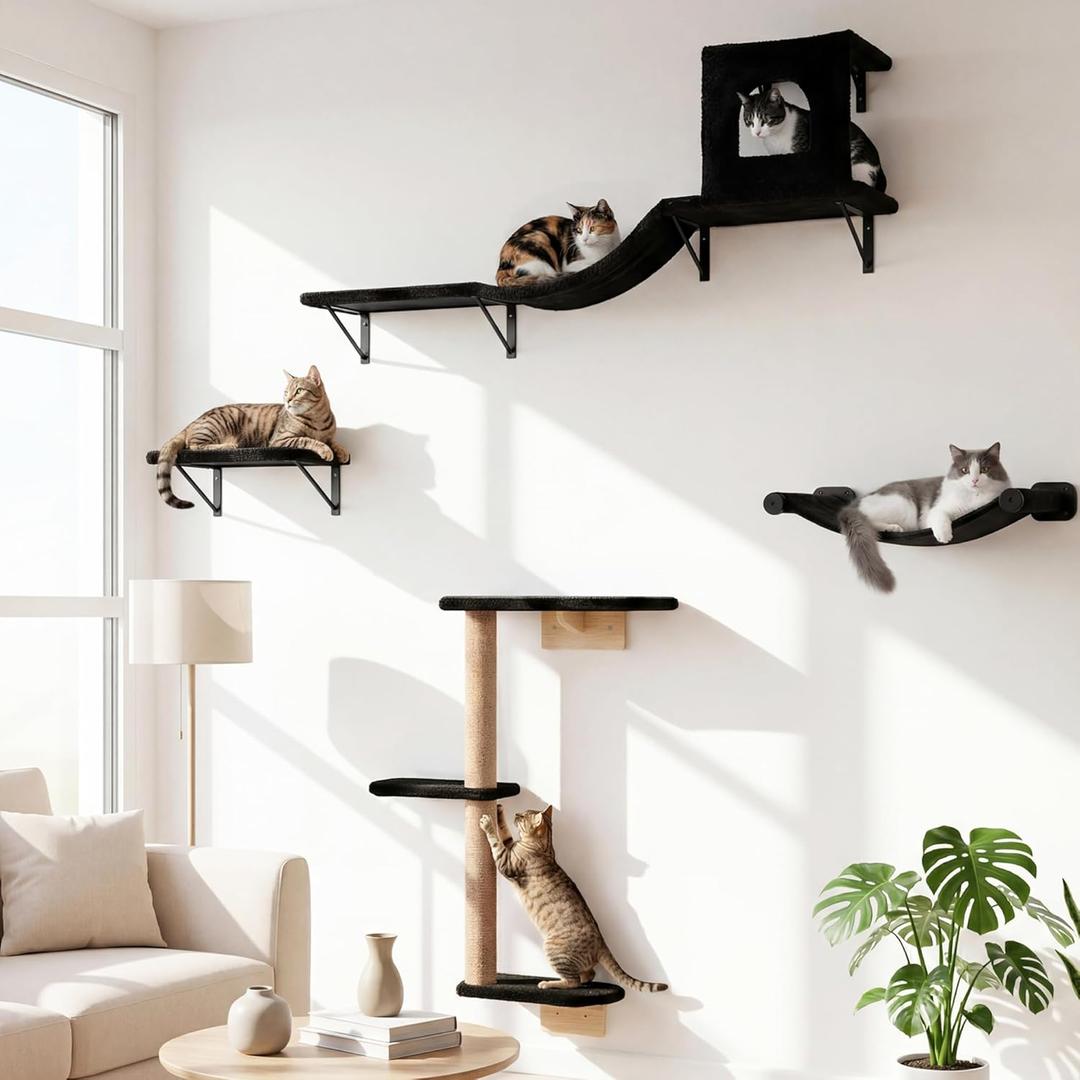 Wall Mounted Cat Furniture Set of 4 4 in 1 Cat Wall Shelves with Hammock, Bridge, Climbing Tree & Perch Shelves for Large Cats, Holds Up to 30 lbs, Indoor Playground