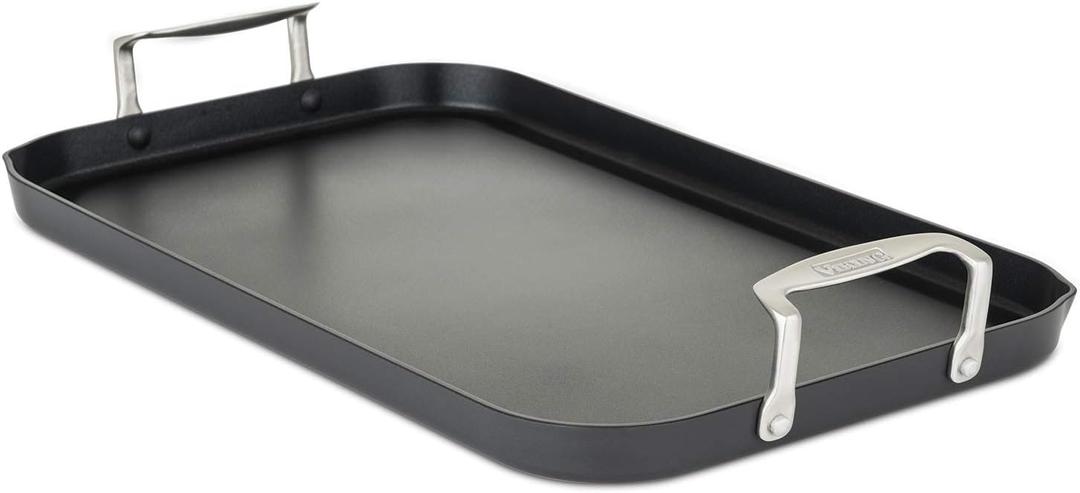 Viking Non Stick Double Burner Griddle, Hard Anodized Nonstick Kitchen Cookware Grill Pan with Handles, Oven Safe, Works on Electronic, Ceramic, and Gas Stove Tops, 19 x 11 Inch