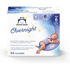 Amazon Brand - Mama Bear Overnight Baby Diapers with Leak Protection and Skin Protection, Fragrance-Free, Size 6, Hypoallergenic, Chlorine Free, Dermatologist Tested, 54 Count