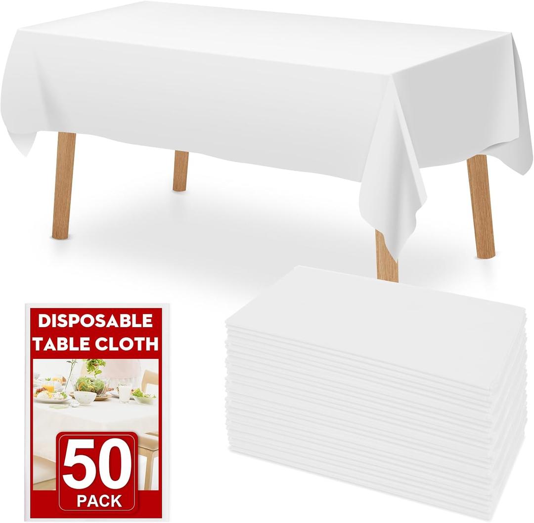 RowinsyDD 50 Pack White Plastic Table Cloths Disposable, 54 x 108 Inches Plastic Table Cover for Rectangle Tables, Disposable Tablecloth for Dinning, Parties, BBQ, Wedding, Outdoor