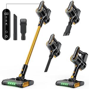 Cordless Vacuum Cleaner, 600W 50000PA Stick Vacuum Cleaners and Mop In One,4000mAh Battery with 60 Min Runtime, LED Screen and Green Headlights, Handheld Vacuum for Pet Hair Floors Carpet Sofa (Golden)