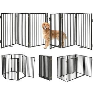 Metal Freestanding Dog Gates with Door for Outdoor Indoor,120'' Extra Wide 24'' Tall Free Standing Dog Gate for Doorways,Large Openings,Deck,Yard,Porch,Foldable Safety Pet Fence(Black,6 Panels)