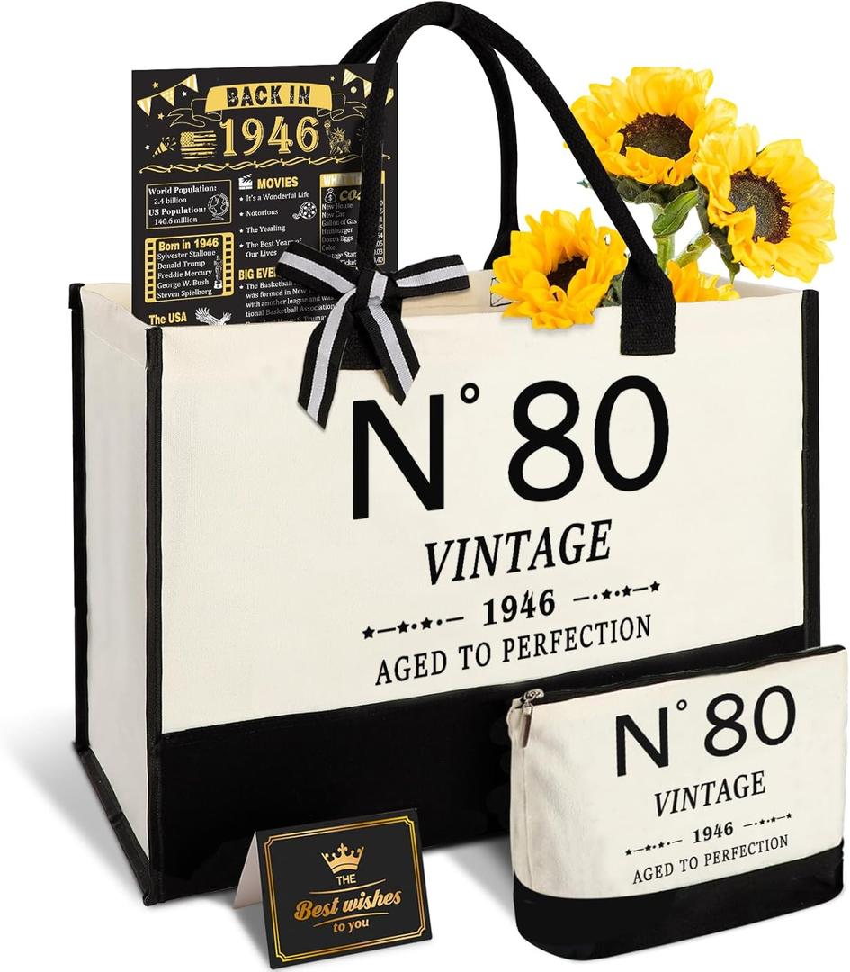 YeohJoy 80th Birthday Gifts for Women Canvas Tote Bag Travel Gear, Unique 80 Years Old Gifts for Wife Mom Sister Aunt Friends Her, Vintage N80 Handbag & Cosmetic Bag & Back in 1946 Poster