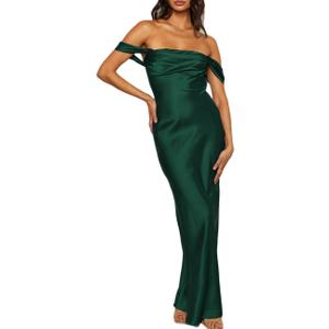 Realtix Elegant Satin Off The Shoulder Ruched Backless Maxi Dress for Women Strapless Tube Sleeveless Bridesmaid Dresses Small