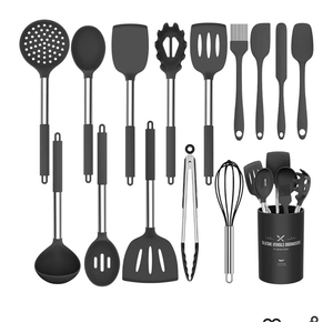 Silicone Cooking Utensil Set, Umite Chef 15pcs Silicone Cooking Kitchen Utensils Set, Non-stick - Best Kitchen Cookware with Stainless Steel Handle - Black Kitchen Utensils